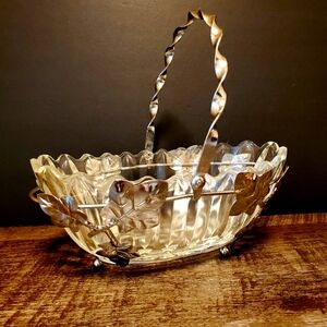Elegant Glass Basket with Silver Leaf Accents. Two Pieces